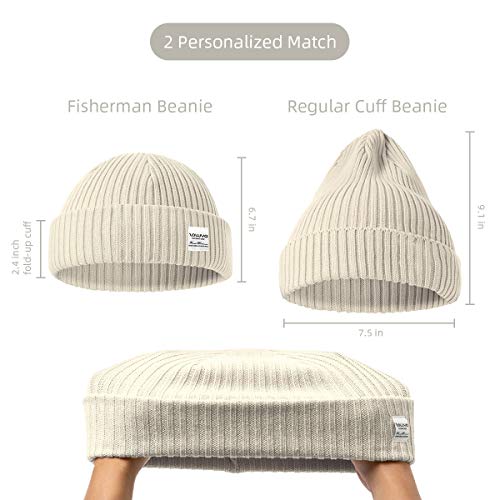 zowya Mens Winter Knit Beanie Hat, Rib Watch Cap Skull Cap Winter Ski Hat for Daily, 1 Hat 2 Style (Beige)