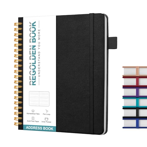 Regolden-Book Address Book with Alphabetical Tabs, Hardcover Address Organizer for Record Contacts, Telephone Book for Seniors, Internet Log Book Journal with Password, Pen Loop, Pocket, (5.7x7.2")