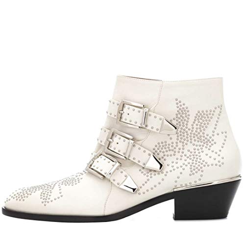 Comfity Boots for women, Women's Leather Booties Rivets Studded Shoes Metal Buckle Low Heels Ankle Boots White Silver 6 US