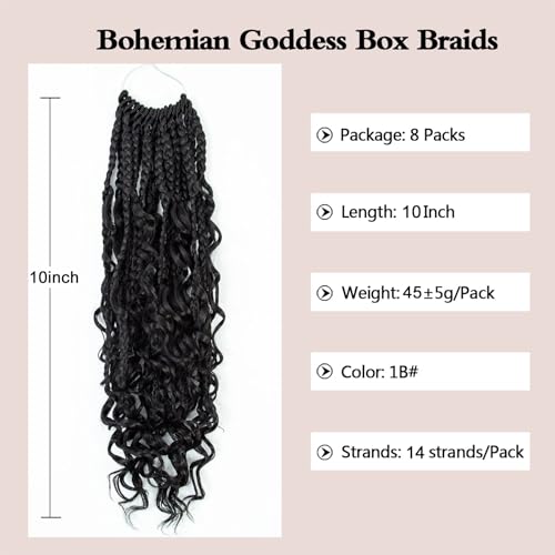 Coolbeeza 10 Inch 8 Packs Goddess Box Braids Crochet Hair with Curly Ends Bohemian Box Braids Boho Crochet Braids Soft Net Synthetic Pre Looped Hair Extensions for Women Kids(1B)