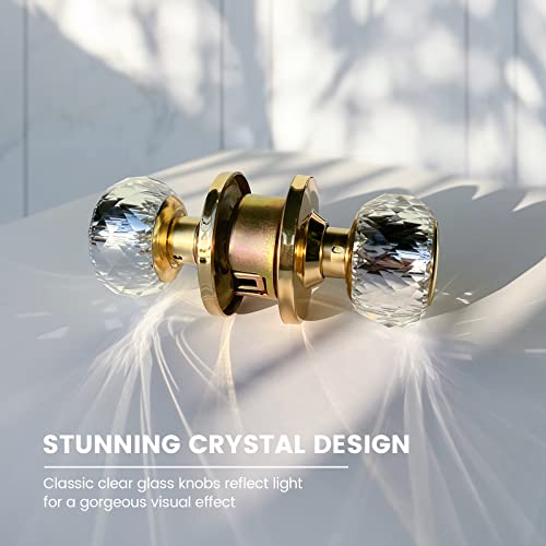 LOQRON Crystal Door Knobs with Lock and Keys with Privacy Lock, Luxurious Diamond Classic Interior Glass Door Knobs for Bedroom Bathroom Gold,1 Pack