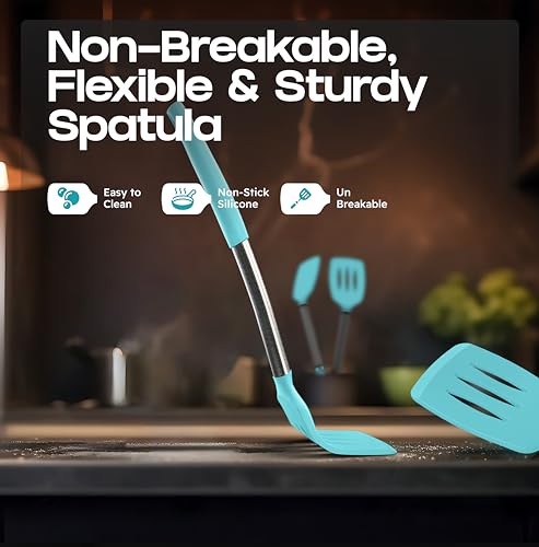 BakeRoyal Silicone Spatula Set - Turner Spatulas Silicone Heat Resistant 600°F - Slotted & Solid Silicone Spatulas for Cooking Fish, Eggs, Pancakes Flipper – Silicone Cooking Utensils Set – Aqua