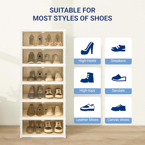 FLEXIMOUNTS Shoe Rack Organizer Storage Box 6 Tiers-12 Pairs, Portable Folding Shoe Rack for Closet Entryway, Collapsible Shoe Cabinet with Magnetic Clear Door for Front Door Entrance