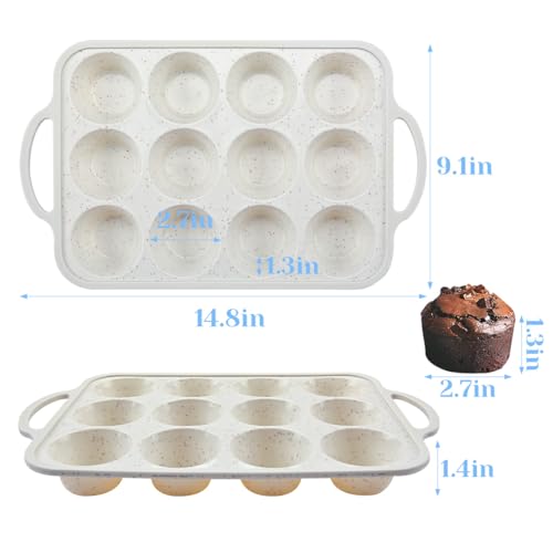 Silicone Muffin Pan with Metal Reinforced Frame - 12-Cup Mini Muffin Pan for Homemade Muffins, Cupcakes, Muffin Cakes, and Bread, Oven and Dishwasher Safe - Beige With Coffee-Colored Specks