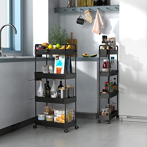 SOLEJAZZ Storage Cart 4 Tier, Laundry Room Organizer, Bathroom Rolling Storage Carts, Mobile Storage Shelves with Brake Wheels, Utility Cart for Apartment Bedroom Office Garage, Black, 2 Pack