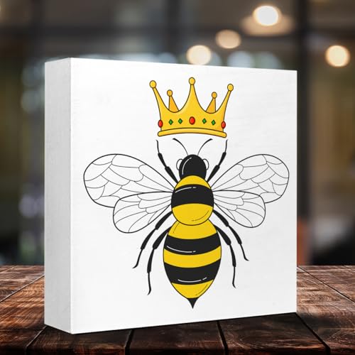 Bee Queen Desk Decor, Funny Bee Queen Crown Wood Block Sign Desk Décor for Home Bedroom Office