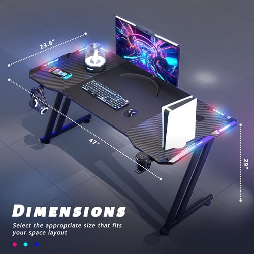 HLDIRECT 47 Inch Gaming Desk with LED Lights Carbon Fibre Surface Gaming Table Large Computer Desk Ergonomic Home Office Desks Z Shaped PC Gamer Workstations with Cup Holder & Headphone Hook