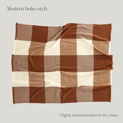 Double Stitch by Bedsure Alpaca Wool Throw Blanket - Soft Warm Blanket for Couch - Luxury Decorative Fleece Blanket, Fall Plaid Blanket, Perfect House Warming Gift, 50" x 60", Harvest Brown & Cream