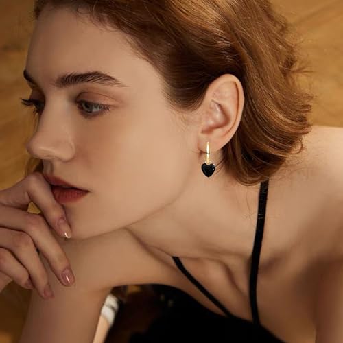 KVANU Personalized Exquisite Heart-Shaped Double-Sided Three-Dimensional Alloy Enamel Huggie Earrings Multi Color Retro Love Heart Huggie Earrings for Women Jewelry Gifts (Black)