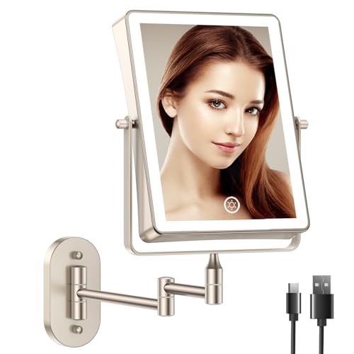 FASCINATE Rechargeable Wall Mounted Makeup Mirror, Bathroom Mirror Rectangle 8.7 Inch Double Sided 1X 10X Magnifying, 3 Color Setting, Extended Arm 360° Swivel Foldable Nichel