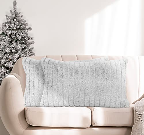 Mary Hatch Blush Pink Faux Fur Decorative Pillow Covers 12x20 inch Soft Lumbar Pillow Covers for Living Room Luxury Fuzzy Throw Pillow Cases Striped Fluffy Cushion Covers for Bed Sofa Chair Set of 2