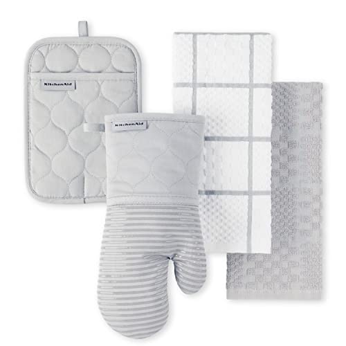 KITCHENAID Quilted Cotton Terry Cloth Oven Mitt, Pot Holder, Kitchen Towel 4-Pack Set, Heat Resistant, Silicone Grip, Gift Set, Aqua Sky, 16"x26", 7"x13" & 7"x10"