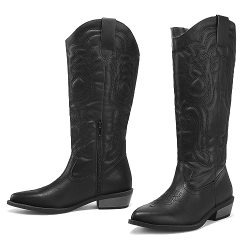 mysoft Women's Cowboy Boots Mid Calf Cowgirl Boots Embroidered Western Pointed Toe Chunky Heel Pull On Knee High Boots