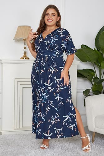 Keluummi Plus Size Wedding Guest Maxi Dress for Curvy Women, Summer Formal Floral Long Wrap Cocktail Dress with 3/4 Sleeve(16 Plus, 01 - Navy Blue Floral)