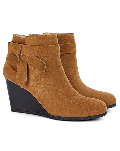 Coutgo Womens Wedge Booties Fall Ankle Boots Tie Knot Stacked Heeled Side Zipper Winter Dress Shoes, Beige, Size 6.5
