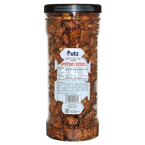 Utz Peanut Butter Pretzel Bites, 24 oz Canister (2 Count) – Crunchy Pretzel Nuggets with Creamy Peanut Butter Center, Quick Snacks with No Cholesterol, No Trans Fats, Brown