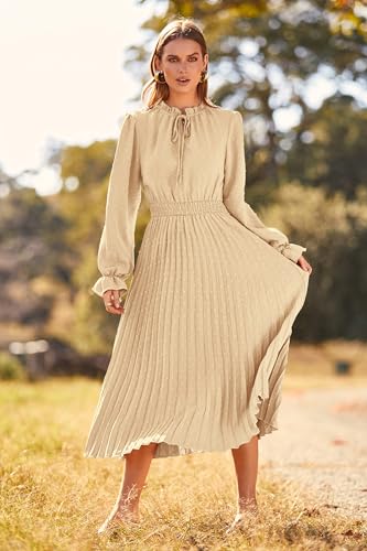 PRETTYGARDEN Spring Fall Dress for Women Elegant Long Sleeve Pom Pom V Neck Pleated Midi Flowy Dresses (Light Green,Medium)