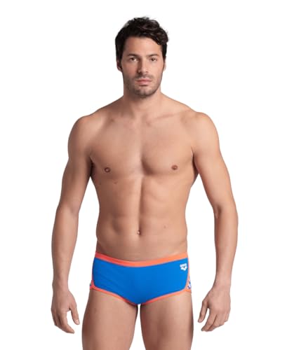 Arena Performance Icons Solid Men's Low-Waist Swim Brief Short MaxLife Athletic Practice Swimsuit Competition Training Active Bathing Suit, Blue River/Bright Coral, US Size 24