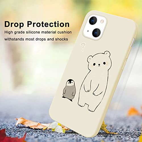 QISHANG Cute Bear Penguin White Liquid Silicone Case Compatible with iPhone 13,Soft Shockproof Protection Cover with Soft Microfiber Lining Kawaii Unique Funny Animal Designed for iPhone 13 Case Girls