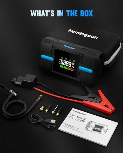 Car Jump Starter with Air Compressor, Hemingson 160PSI 3000A Portable Car Battery Jump Starter (9.0L Gas/8.0L Diesel), 12V Car Battery Jump Box Jumper Starter with Oversized LCD Display, Lights