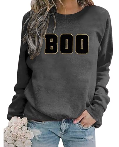 MYHALF Halloween Sweatshirt Women Boo Embroidered Sweater Cute Spooky Season Sweatshirt Fall Winter Crew Neck Pullover Tops Black