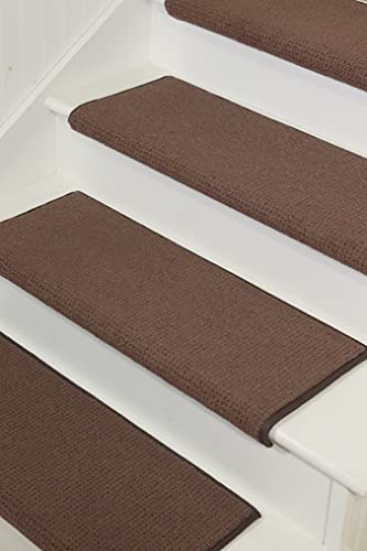 Oak Valley Designs™ Rounded Bullnose Wool Carpet Stair Treads - Anti Slip Indoor Stair Mats for Wooden Stairs, Style: Nantucket, Dark Brown, 27" W X 9.75" D (Set of 14)