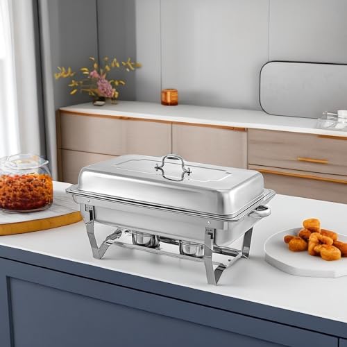 Chafing Dishes for Buffet 4 Pack 9 Quart Stainless Steel Chafer Buffet Servers and Warmers Set with Folding Frame for Weddings Parties Banquets Catering Events