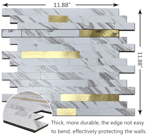 weimeisc 10-Sheet Peel and Stick Backsplash Tile, PVC Mixed Metal Stick on Backsplash Tiles for Kitchen (10, White Stone+Metal Gold)