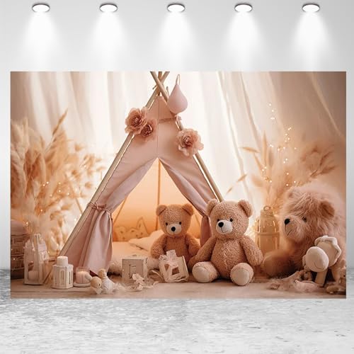 Vinyl Boho Birthday Party Photography Backdrop Camping Tent Toy Bear Kids Birthday Party Decoration Pampas Grass Baby 1st Birthday Background Baby Shower Wedding Baptism Background,5X3FT