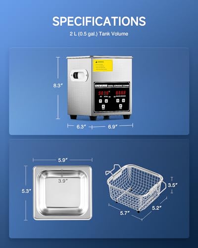 CREWORKS Professional Jewelry Cleaning Machine, 2L Jewelry Cleaner Ultrasonic Machine with Heater & Timer, Digital Ultrasonic Cleaner for Cleaning Denture Dental Oral Irrigator Parts Retainer Glasses