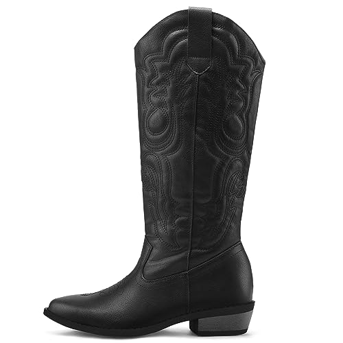 mysoft Women's Cowboy Boots Mid Calf Cowgirl Boots Embroidered Western Pointed Toe Chunky Heel Pull On Knee High Boots