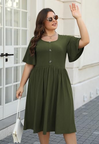 Keluummi Plus Size Casual Dress for Women, with Pocket and 3/4 Sleeve(20 Plus, Army Green)