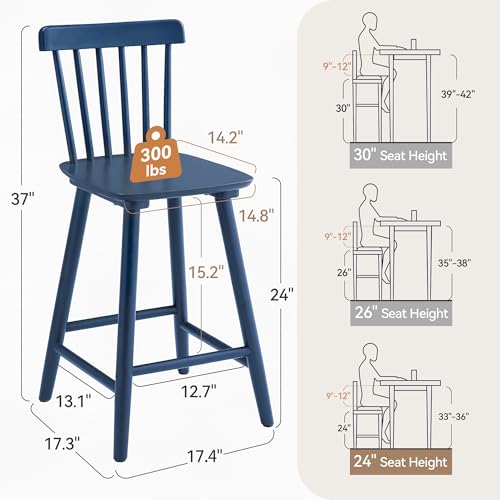 LUE BONA Windsor Wooden Bar Stools Set of 3 for Kitchen Island, Farmhouse 24 Inch Counter Height Stools Chairs with Spindle Back, White