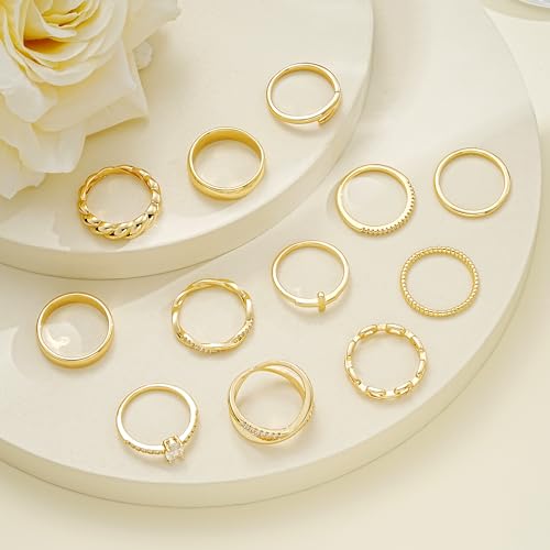 FAXHION 12 PCS Dainty 14K Gold Rings for Women, Eternity Open Chunky Twist Simulated Diamond Criss Cross Designs, Non Tarnish Gold Plated Stacking Thumb Ring, Perfect for Wedding Bands Size 5-11