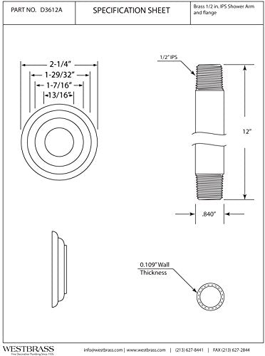 Westbrass 1/2" IPS x 12" Ceiling Mounted Shower Arm with Flange, Matte Black, D3612A-62