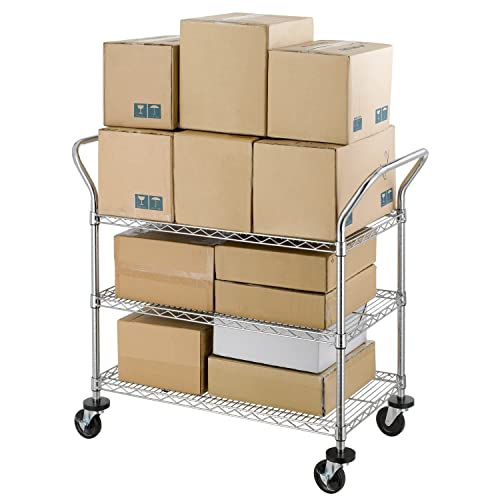 Finnhomy 3-Tier Commercial Grade Rolling Cart, Heavy Duty Utility Cart with Wheels and Handles, Metal Kitchen Carts on Wheels with 500 lbs Capacity, Shelf Size 20" D x 36" W, NSF