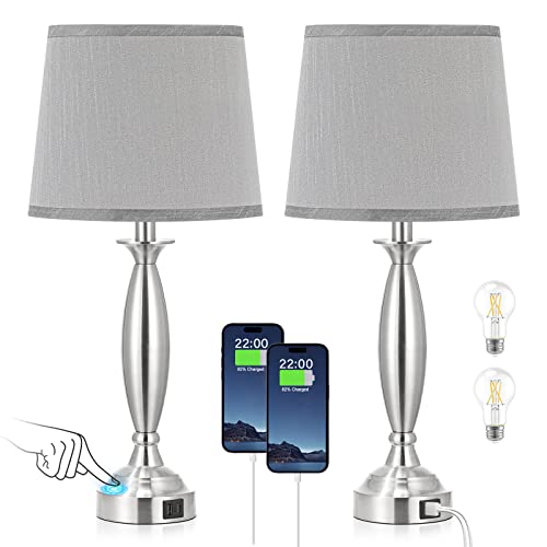 White Gold Lamps for Bedrooms Set of 2 - Touch Control Bedside Lamp with USB C+A, 3 Way Dimmable Nightstand Lamps with USB Port, Table Lamp for Living Room(White Shade and Gold Base)