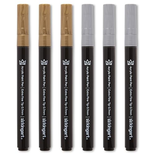 KINGART 453-6B PRO Extra Fine Pt. Metallic Gold & Silver Paint Pens, 0.7mm Tip, 6 Acrylic Paint Markers, Low-Odor & Quick Drying for Rock, Wood, Metal, Plastic, Glass, Ceramic & More, Set of 6