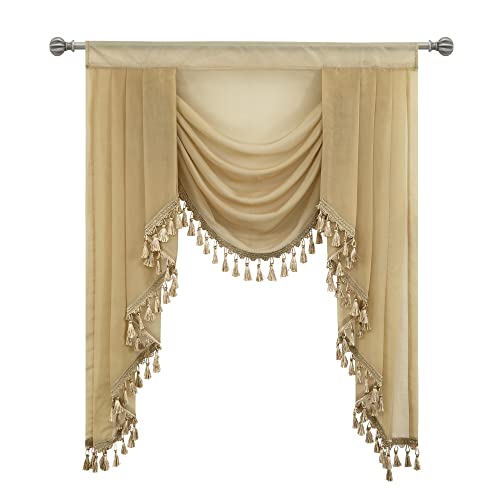 OYRING Beige Waterfall Sheer Window Curtain Valance for Living Room - Tassels Swag Curtain Valance for Bedroom, Valance for Kitchen, 1 Panel, Width 39 Inch