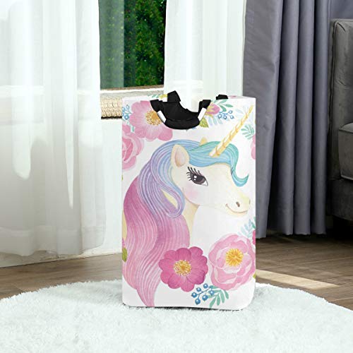 senya Large Storage Basket Collapsible Organizer Bin Laundry Hamper for Nursery Clothes Toys, Unicorn Head in Flowers