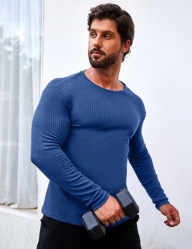 COOFANDY Men Muscle T Shirt Long Sleeves Fitted Gym Workout Athletic Tee Ribbed Knit Shirt White