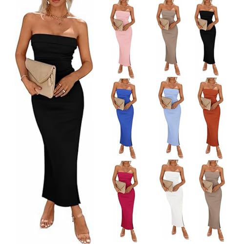 Woolicity Womens Summer Strapless Bodycon Maxi Tube Dress Split Sexy Party Club Casual Elegant Dress Beige S