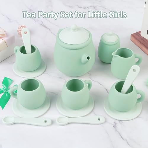 MCGMITT Silicone Tea Set, Tea Party Set for Little Girls Boys, 15 Pcs BPA Free Dishwasher Safe Pretend Tea Set for Toddlers Kids Age 3-6, Cute Toy Kitchen Accessories for Children Birthday Gifts