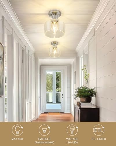 Emak Modern 8 Inch Ceiling Light Fixtures, Brushed Nickel Semi Flush Mount Ceiling Light with Seeded Glass Shade, Flush Mount Light Fixture for Bathroom, Bedroom, Kitchen, Hallway, FM122-BN-SG