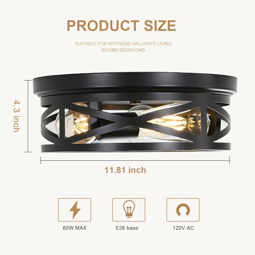 Jodauirt Flush Mount Ceiling Light Fixture,Black 3-Light Industrial Farmhouse Light Fixtures,Closed to Ceiling Mount Lamp for Hall,Hallway,Entryway，Kitchen