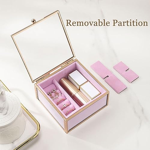 Veki Travel Jewelry Organizer Box, Clear Glass Jewelry Case with Gold Frame for Women Girls, Transparent Display Boxes with Removable Compartment for Earring, Ring, Necklaces, Bracelets (Square)