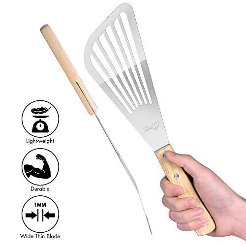 HOTEC 2pcs Stainless Steel Wooden Handle Fish Spatula, Metal Spatula Flipping Foods
