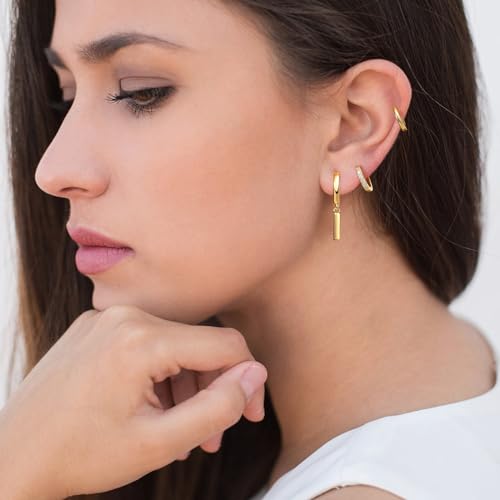 DAILY VIBES Small Gold Hoops Huggie Earrings for Women 14K Real Gold Plated Mini Bar Dangle Dainty Cubic Zirconia Cartilage Earring Hypoallergenic Hoop Earrings Set for Women