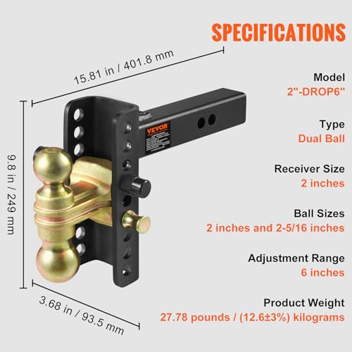 VEVOR Adjustable Trailer Hitch, 6-Inch Drop & 4.5-Inch Rise Hitch Ball Mount with 2-Inch Receiver, Solid Tube, 14,000 lbs GTW, 2-Inch and 2-5/16-Inch 45# Steel Tow Balls with Key Lock for Truck Towing