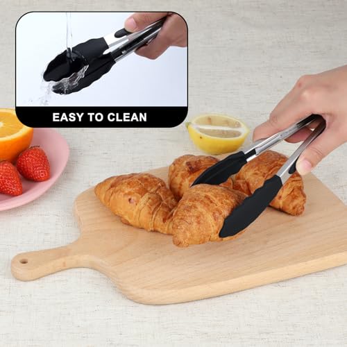 Hotec Mini Silicone Kitchen Tongs for Cooking - 7-Inch Small Serving Tongs with Silicone Tips, Set of 3 (Black)